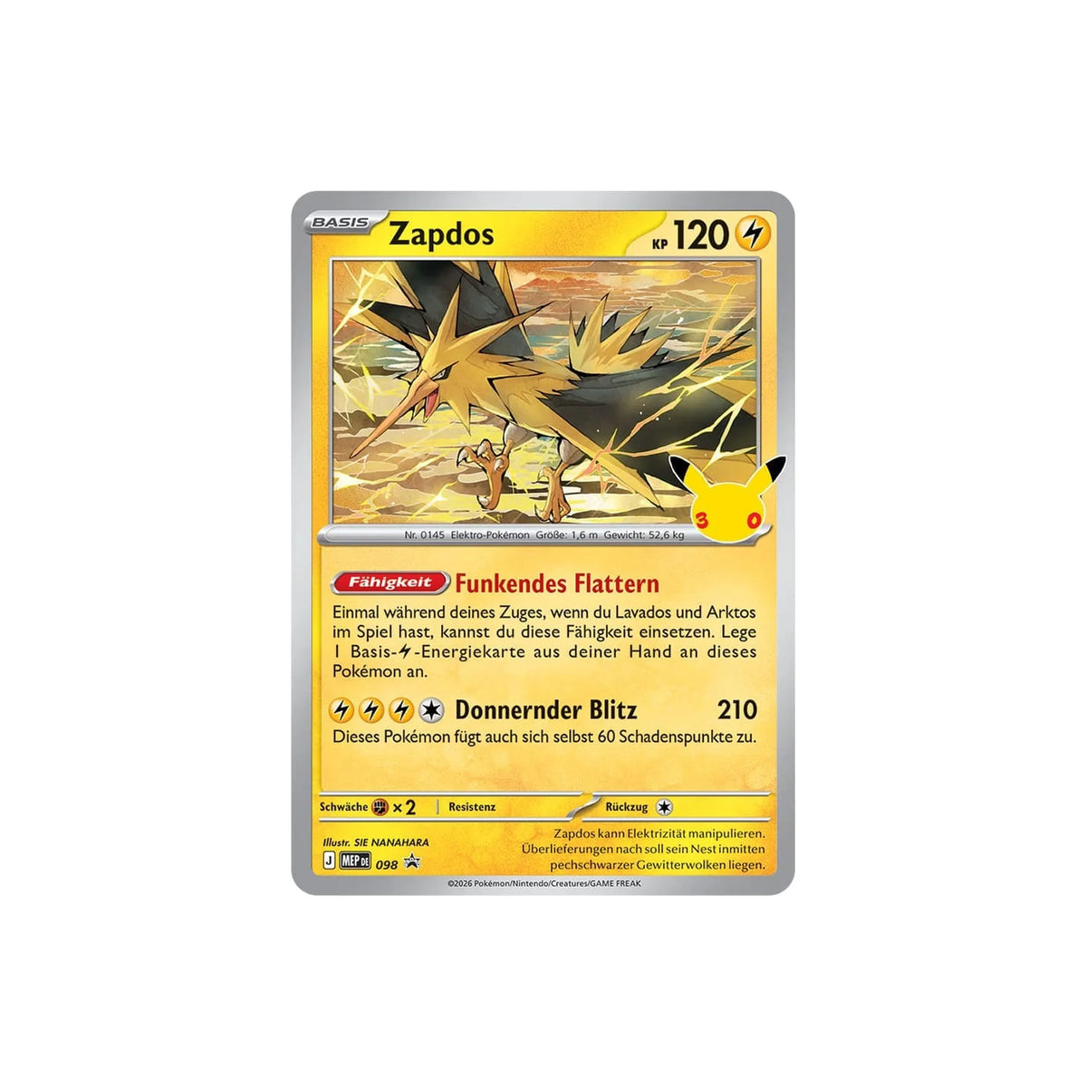 Holografische Promokarte Zapdos MEP 098, 30 Jahre