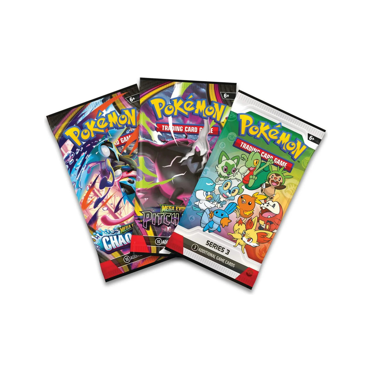 Die drei enthaltenen Booster der Series 3 (Promo, Pitch Black, Chaos Rising)