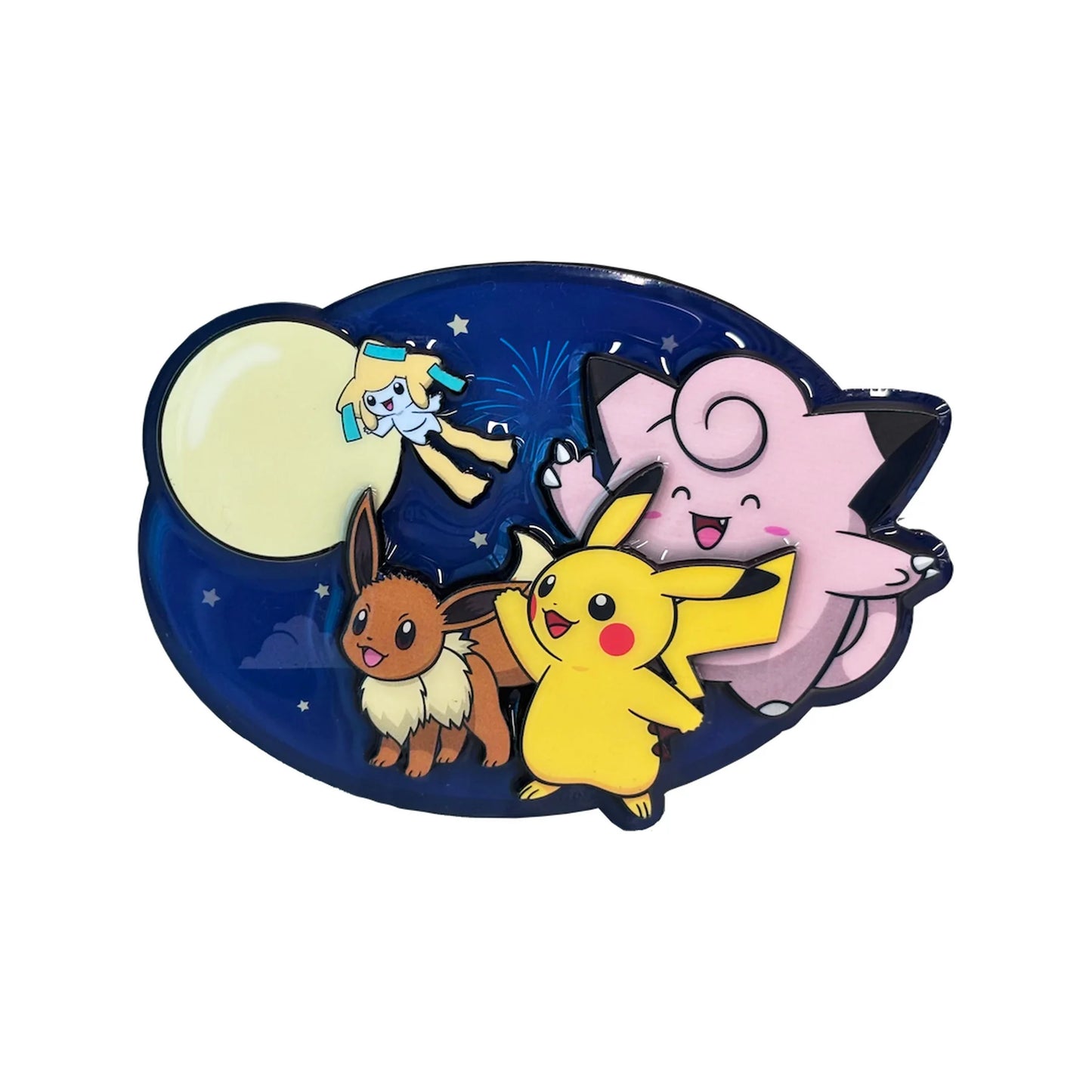 Kühlschrankmagnet mit Jirachi, Evoli, Pikachu und Piepi vor dem Vollmond