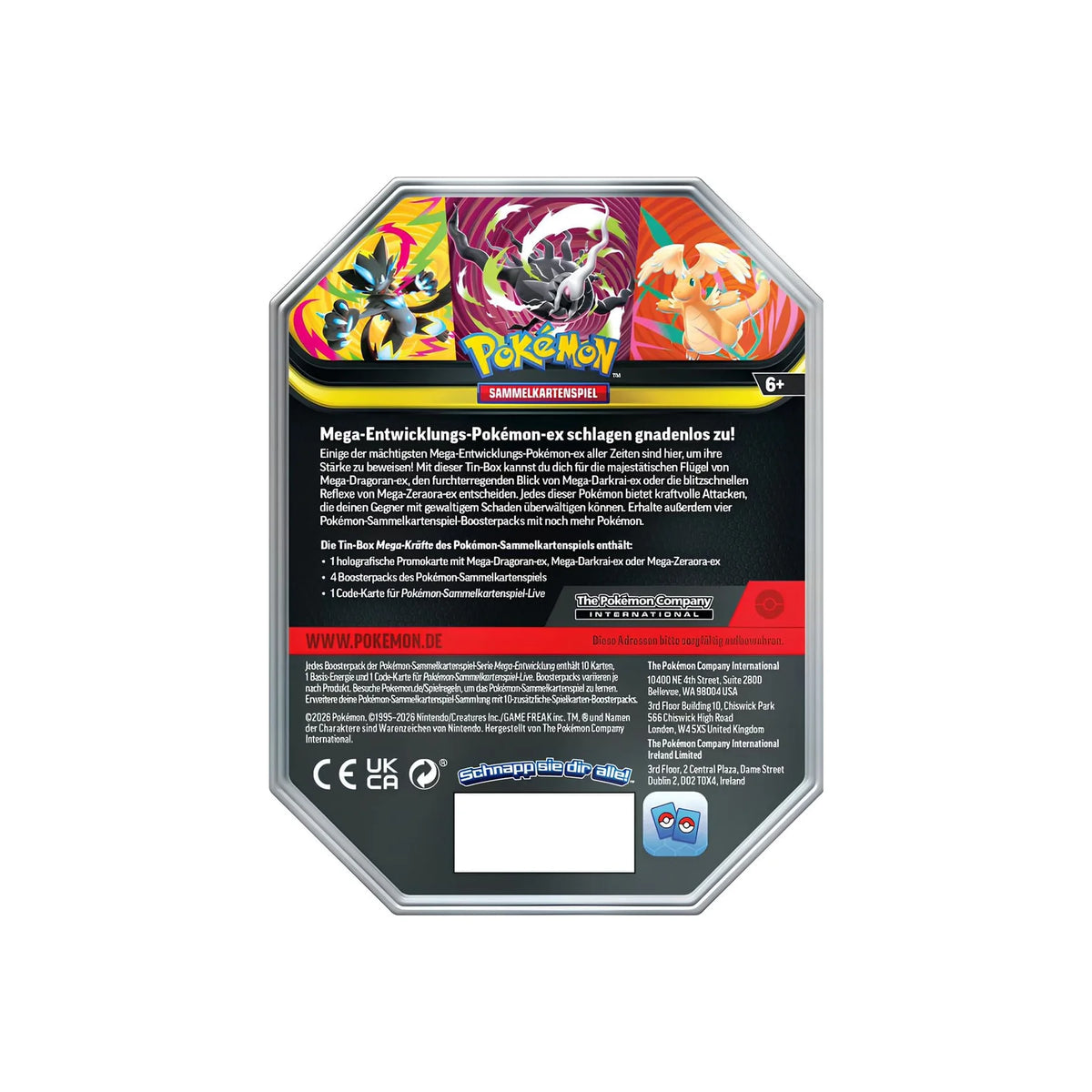 Pokémon Tin-Box Mega-Kräfte Rückseite mit Inhaltsangaben
